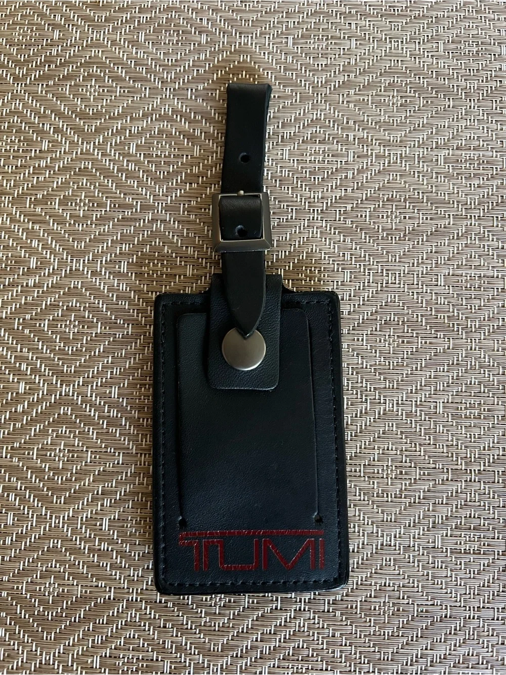 TUMI Black Alpha Leather Luggage Tag with Red Logo